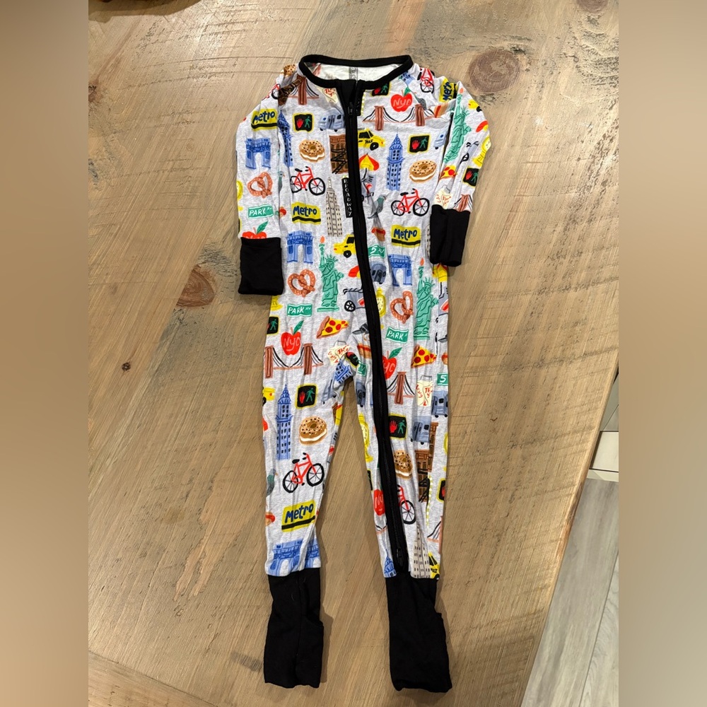 Little Sleepies White City-Print Footed One-Piece with Black Trim